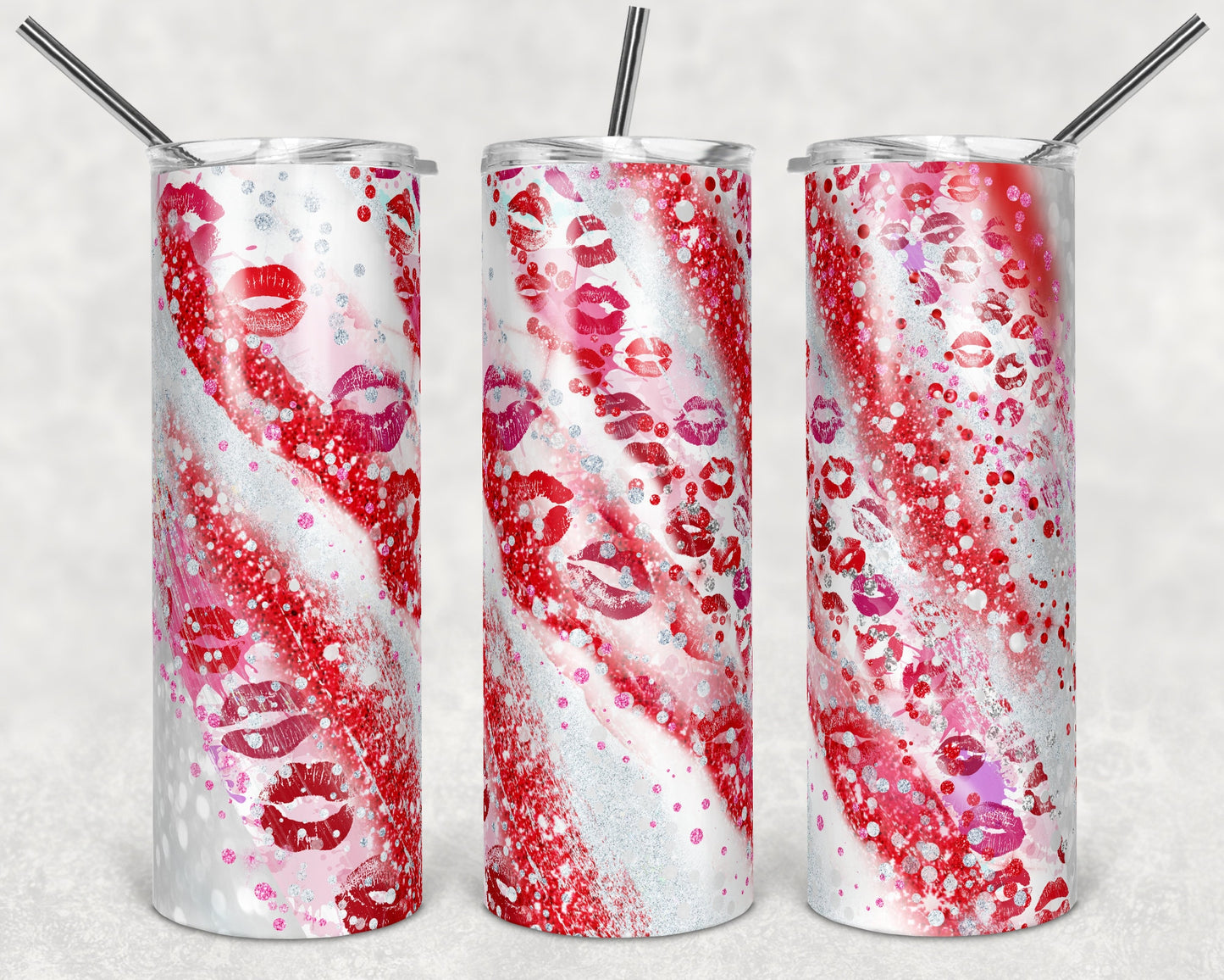 20 oz Skinny Tumbler Sublimation Template Valentine Milky Way Red Lips White glitter straight Design