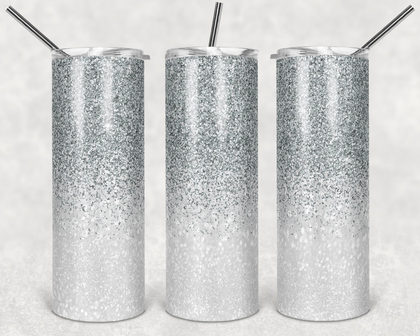 20 oz Skinny Tumbler Sublimation Design Template Glitter Ombre Silver White Straight Design