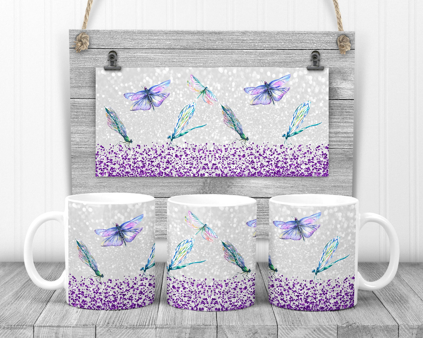 Sublimation Coffee Mug Purple Glitter Dragonfly Sublimation Design Design