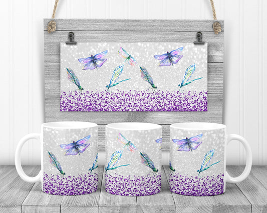 Sublimation Coffee Mug Purple Glitter Dragonfly Sublimation Design Design