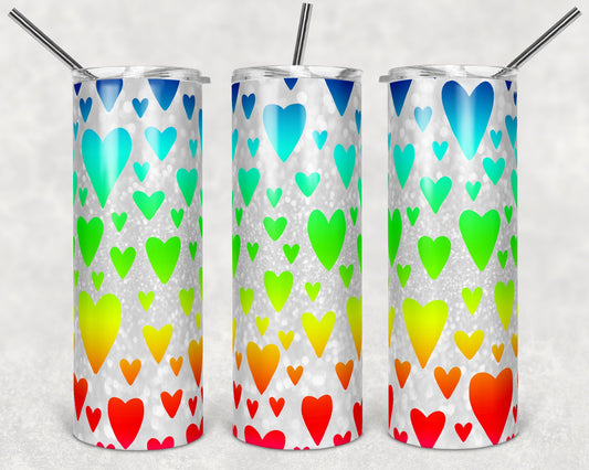 20 oz Skinny Tumbler Sublimation Ombre Rainbow heart background Straight Valentines LGBT Design