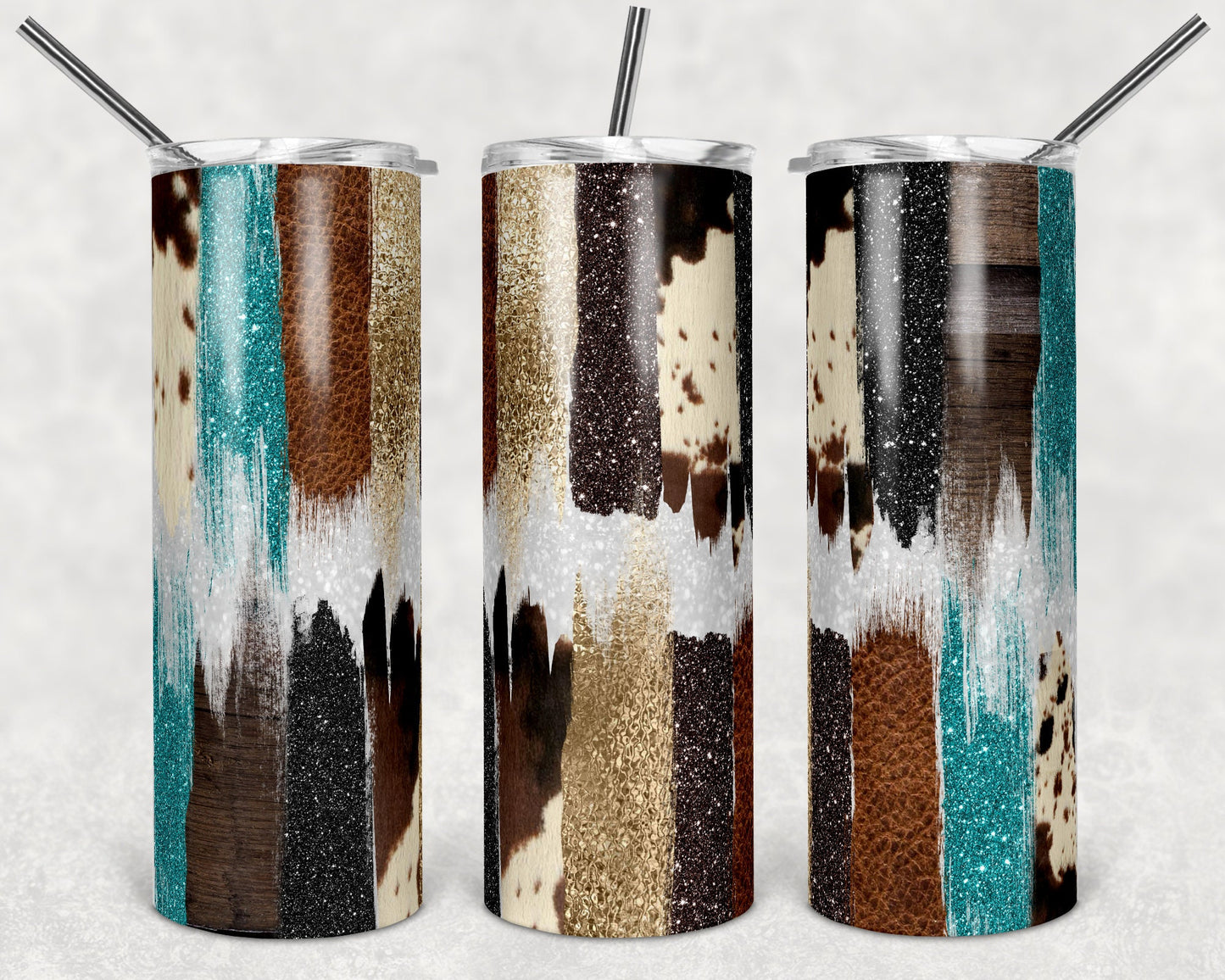 20 oz Skinny Tumbler Sublimation Design Template Glitter Brush Stroke Teal Cow Design tumblers