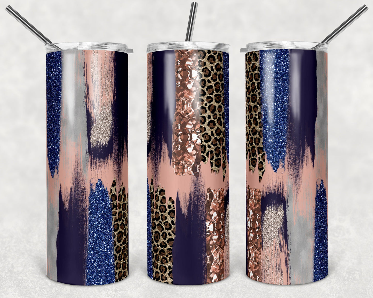 20 oz Skinny Tumbler Sublimation Design Template Glitter Brush Stroke Navy Blush Leopard Design