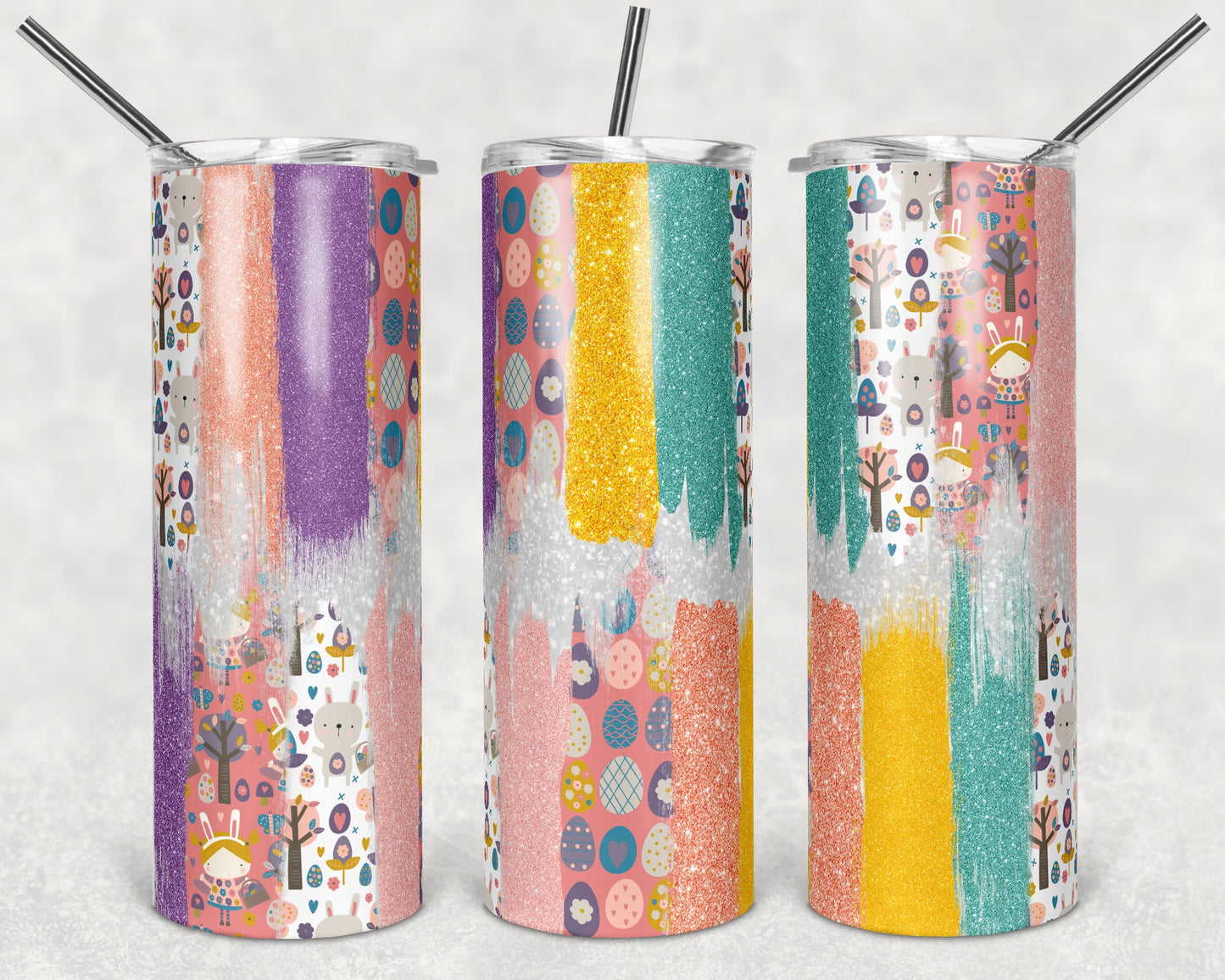 20 oz Skinny Tumbler Sublimation Design Template Glitter Brush Stroke Mustard Teal Easter Design