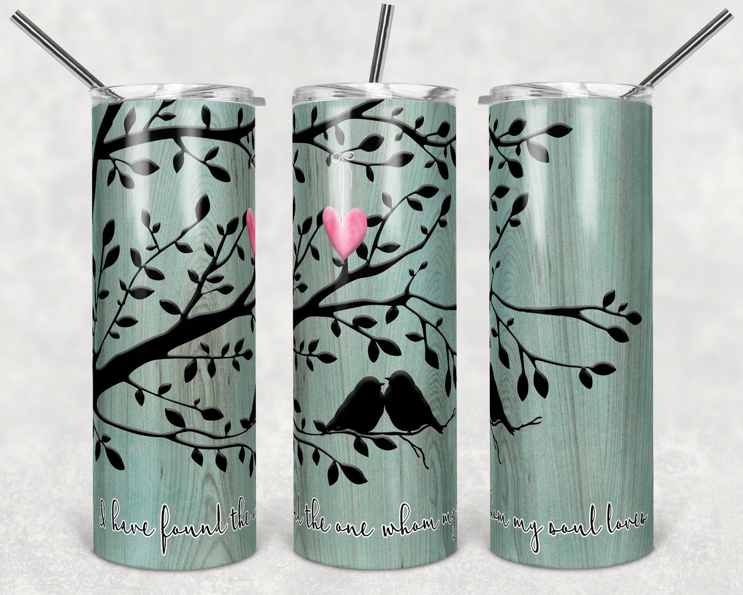 20 oz Skinny Tumbler Sublimation Design Template Love Birds Valentines Day Straight Teal Wood Design