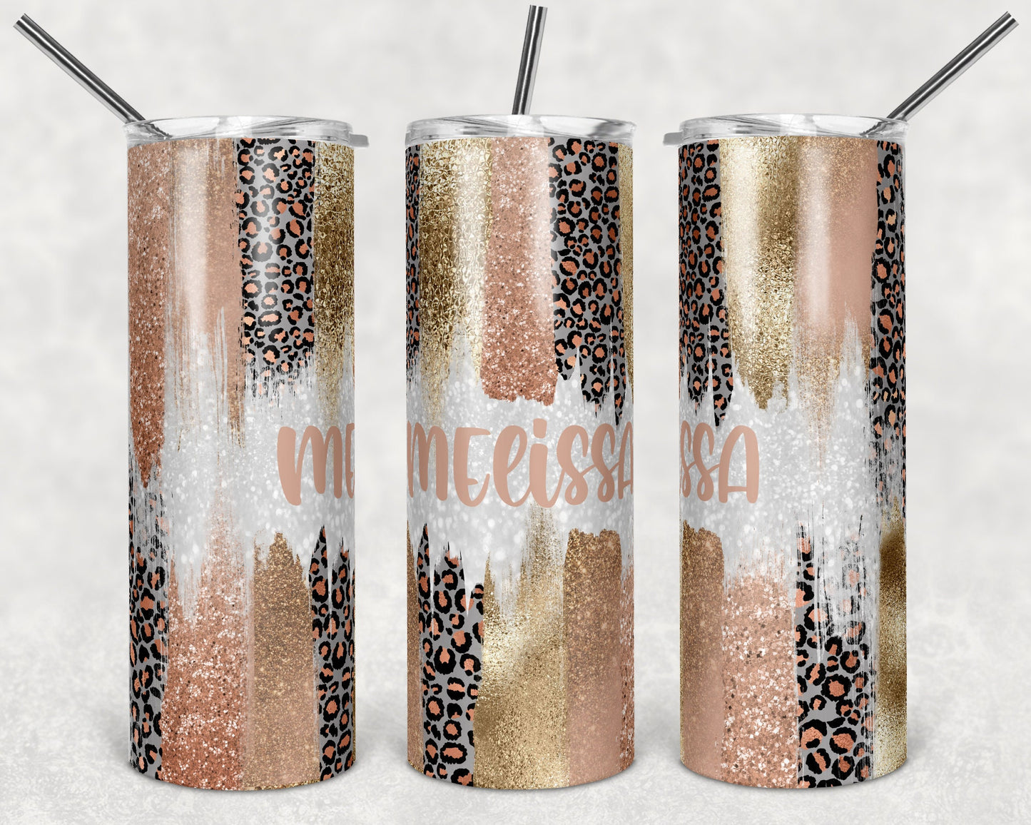 20 oz Skinny Tumbler Sublimation Design Template Glitter Brush Stroke Rose Gold Leopard Design