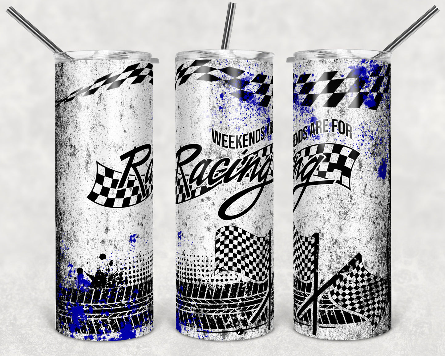 20 oz Skinny Tumbler Sublimation Design Racing Race Blue Splatter Checkered Quote Tumbler