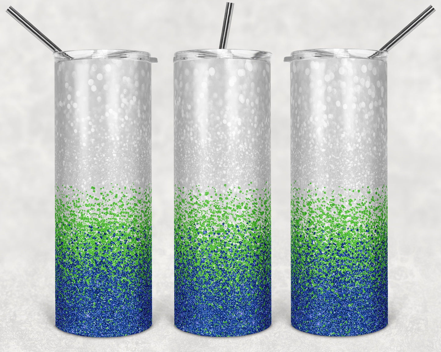 20 oz Skinny Tumbler Sublimation Design Template Glitter Ombre White Green Blue Straight Design