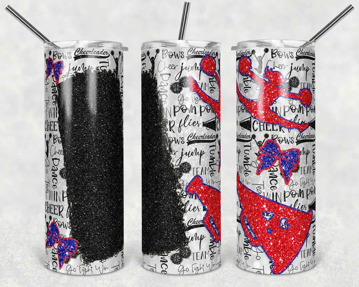 20 oz Skinny Tumbler Cheer Blank for Name Glitter Red White Blue Sublimation Design