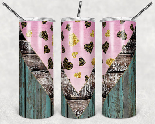 20 oz Skinny Tumbler Sublimation Design Template Chevron Wood Teal Valentines heart Straight Design