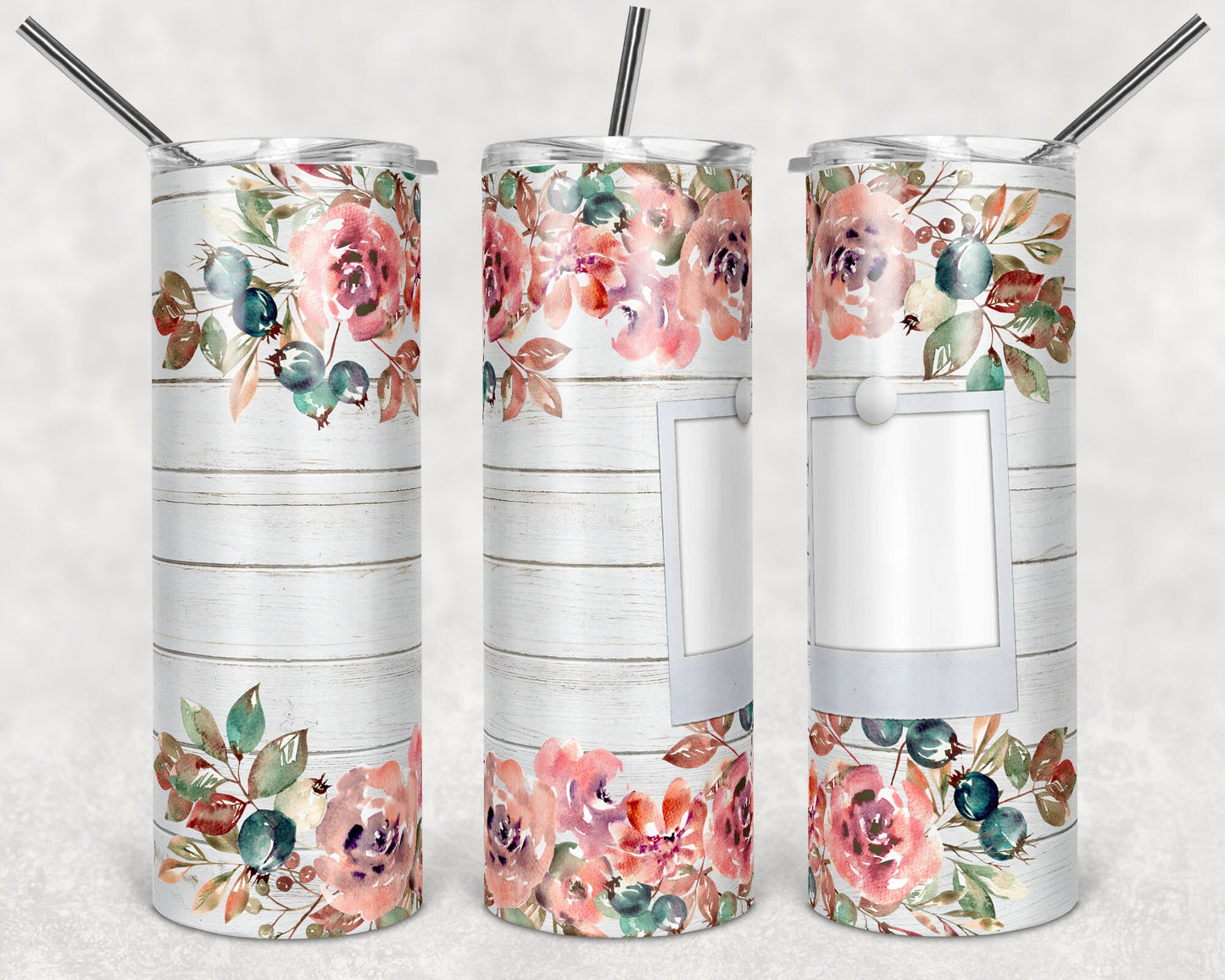 20 oz Skinny Tumbler Picture Frame Tumbler Room to add Quote Floral wood one photo Sublimation Design