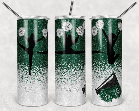 20 oz Skinny Tumbler Cheer Green White Glitter Sublimation Design Print Transfer