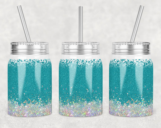 17 oz Mason Jar Tumbler Sublimation Design Template Holo Teal with and without MOM split monogram Mason Jar Design