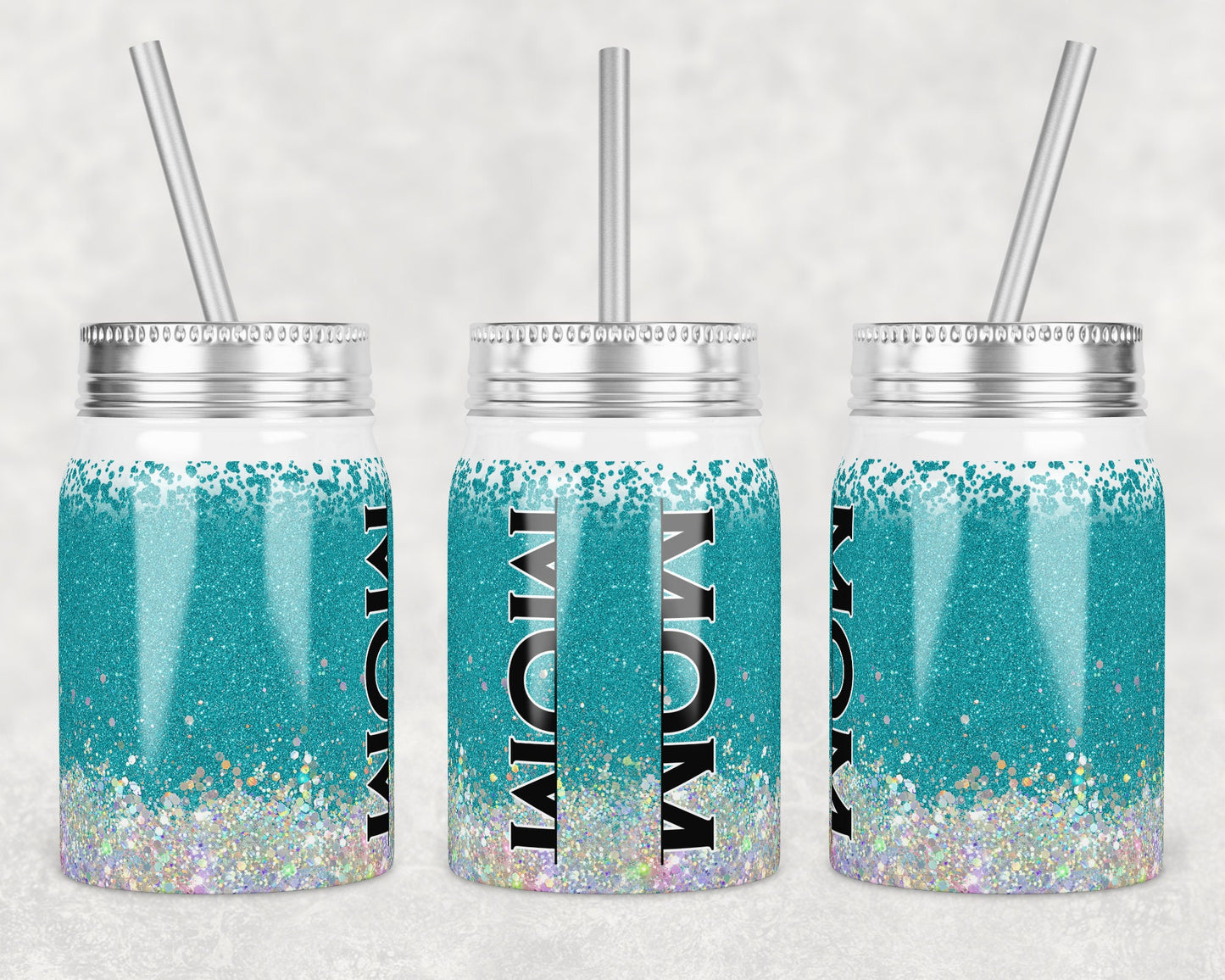 17 oz Mason Jar Tumbler Sublimation Design Template Holo Teal with and without MOM split monogram Mason Jar Design
