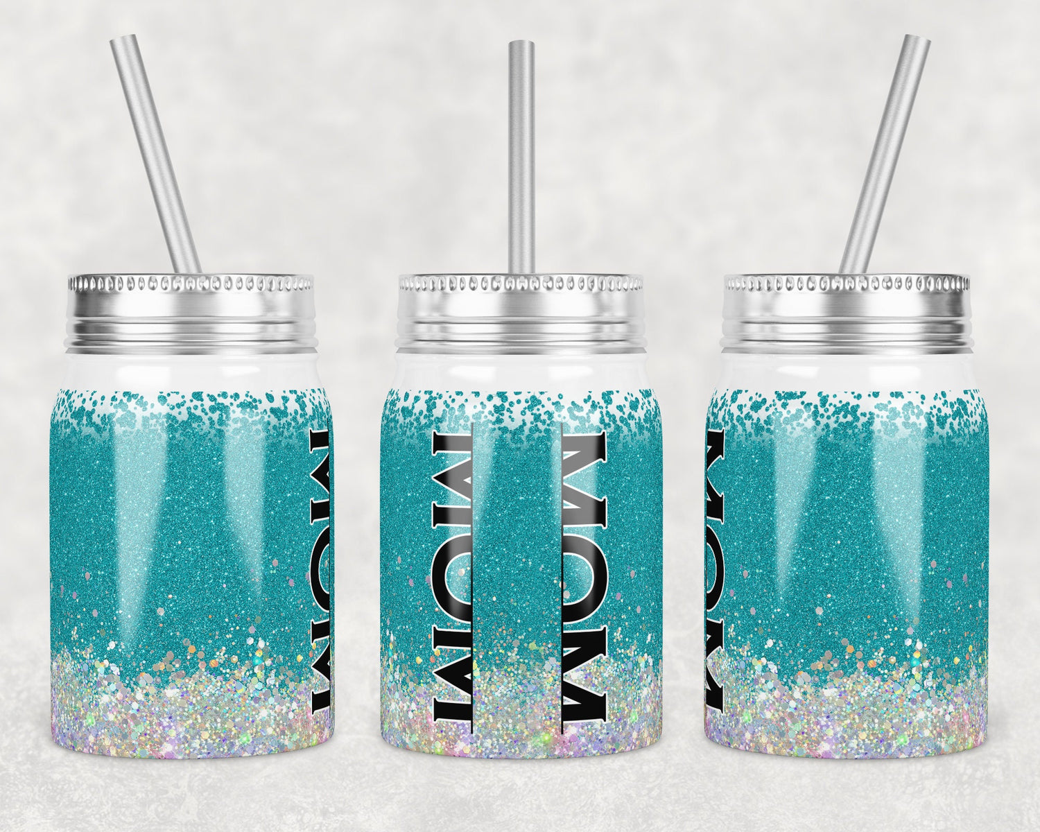 17 oz Mason Jar Tumbler Sublimation Design Template Holo Teal with and without MOM split monogram Mason Jar Design