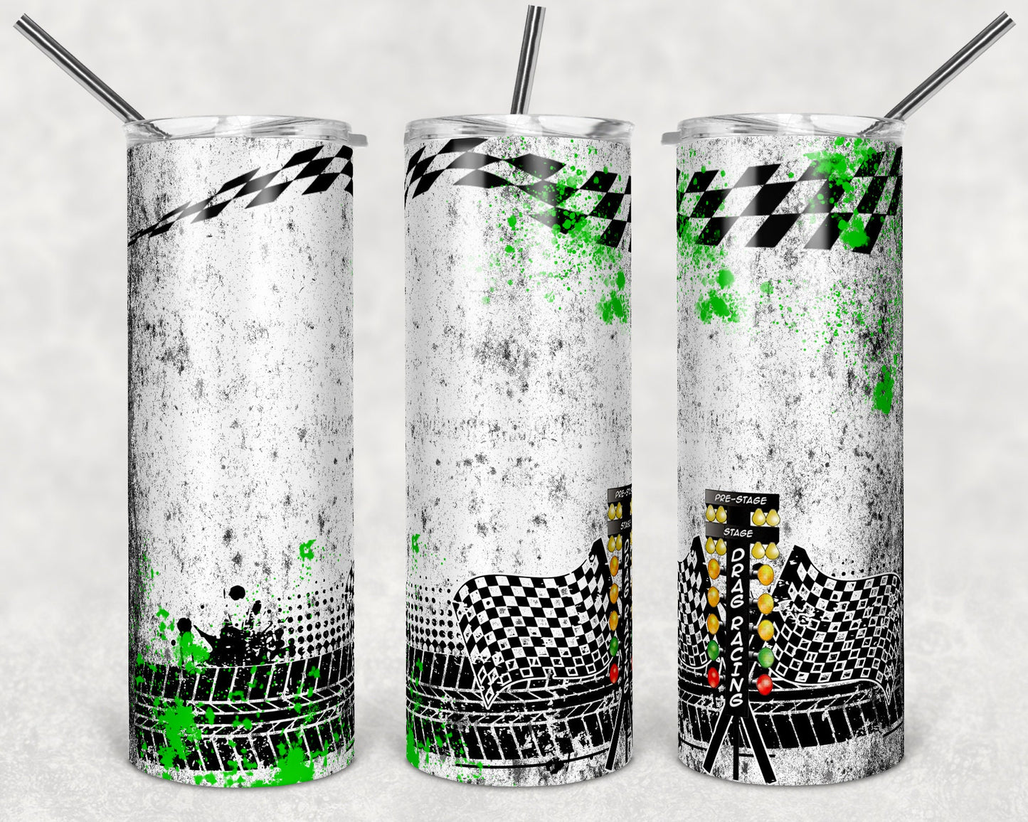 20 oz Skinny Tumbler Sublimation Design Racing Race Drag Green Splatter Checkered Tumbler