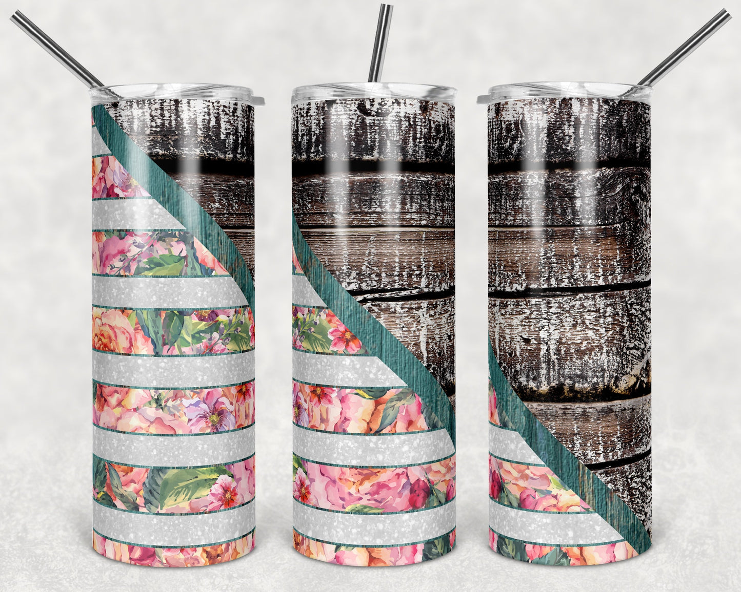 20 oz Skinny Tumbler Floral White Striped Color Block Wood Sublimation Design