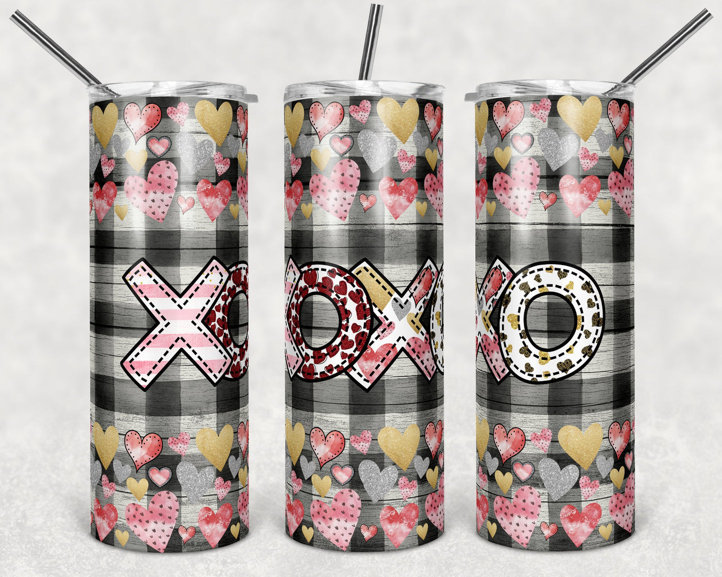 20 oz Skinny Tumbler Sublimation Template Valentine Plaid Heart XOXO glitter straight Design