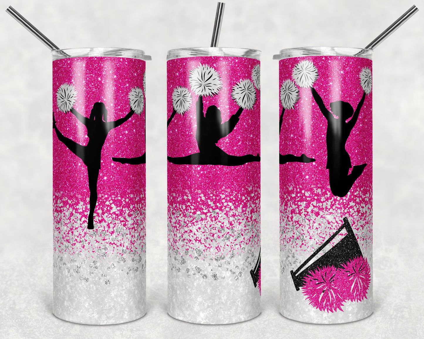 20 oz Skinny Tumbler Cheer Hot Pink White Glitter Sublimation Design Print Transfer