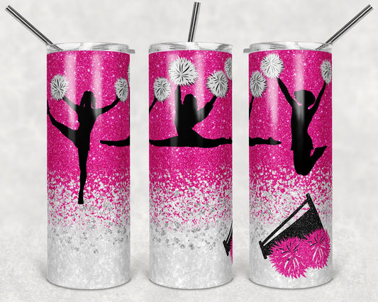 20 oz Skinny Tumbler Cheer Hot Pink White Glitter Sublimation Design Print Transfer