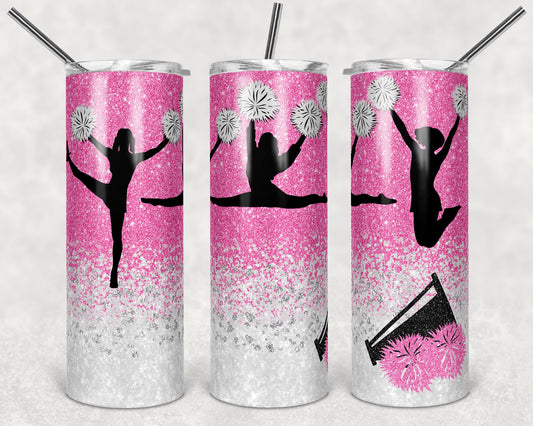 20 oz Skinny Tumbler Cheer Pink White Glitter Sublimation Design Print Transfer