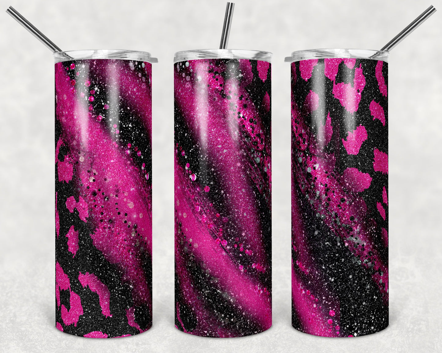 20 oz Skinny Tumbler Sublimation Template stripe Leopard Milky Way Glitter Hot pink black Straight Design