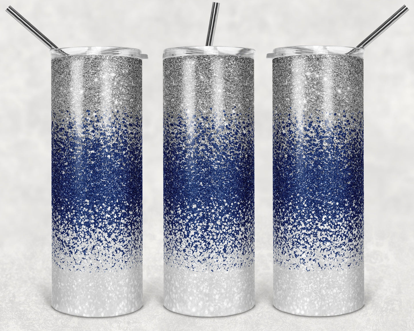 20 oz Skinny Tumbler Sublimation Design Template Glitter Ombre Silver Blue White Straight Design