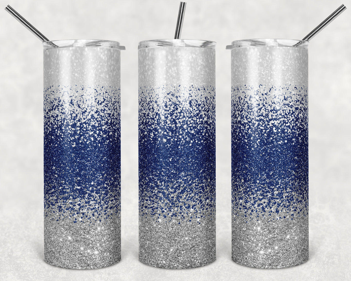 20 oz Skinny Tumbler Sublimation Design Template Glitter Ombre Silver Blue White Straight Design