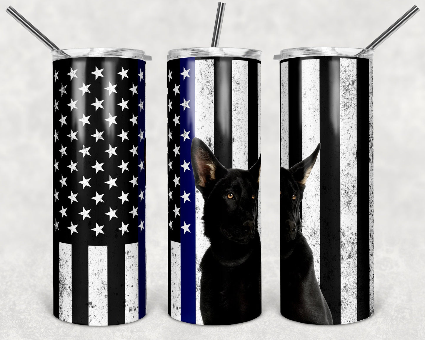 20 oz Skinny Tumbler Sublimation Design Template Blue Line Police Flag k9 Black Shepherd Straight Design