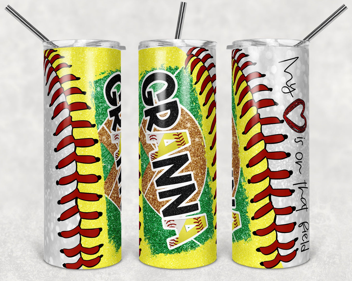 20 oz Skinny Tumbler Softball Baseball Granna Glitter Heart on Field Laces Sublimation Design