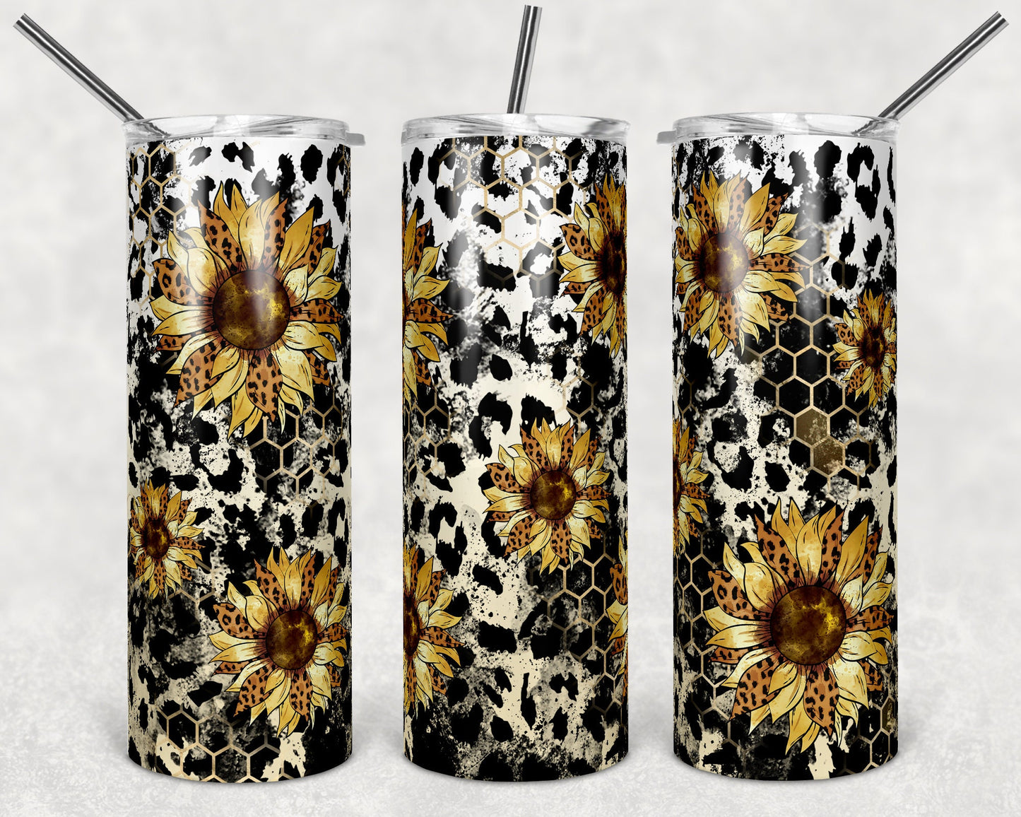 20 oz Skinny Tumbler Leopard Sunflower Grunge Honeycomb Sublimation Design Print Transfer