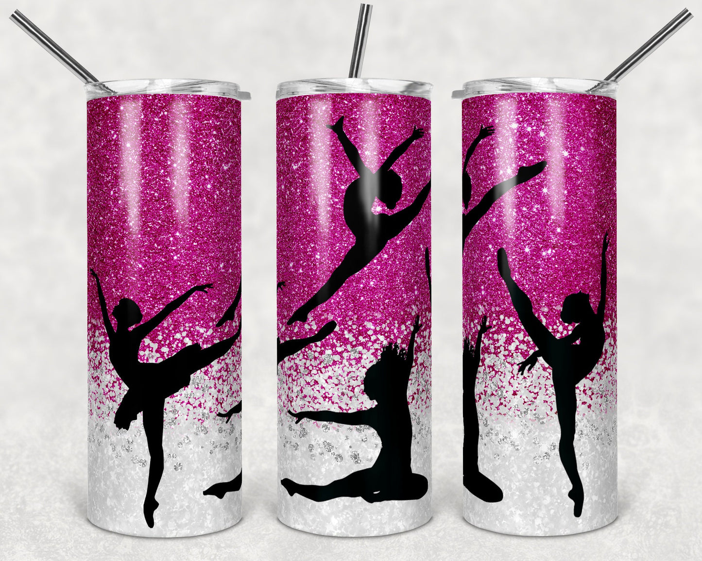 20 oz Skinny Tumbler Bright Pink Glitter Dance Dancing Dance Sublimation Design Straight