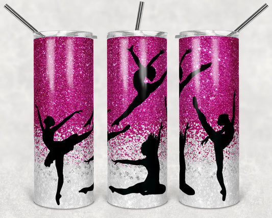 20 oz Skinny Tumbler Bright Pink Glitter Dance Dancing Dance Sublimation Design Straight