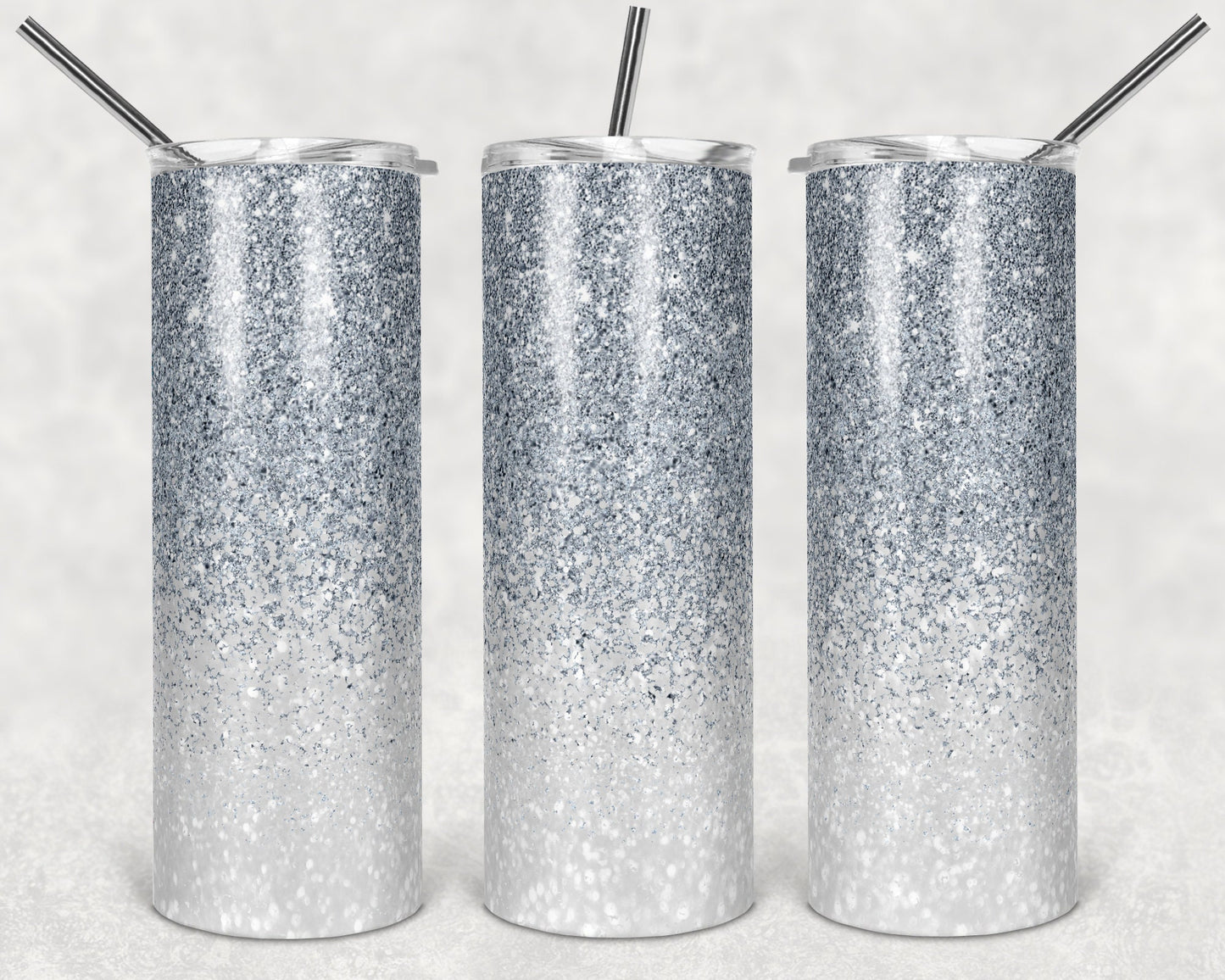 20 oz Skinny Tumbler Sublimation Design Template Glitter Ombre Silver White Straight Design