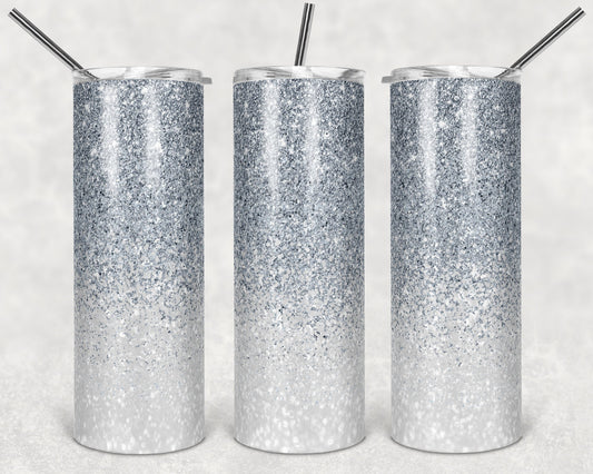 20 oz Skinny Tumbler Sublimation Design Template Glitter Ombre Silver White Straight Design