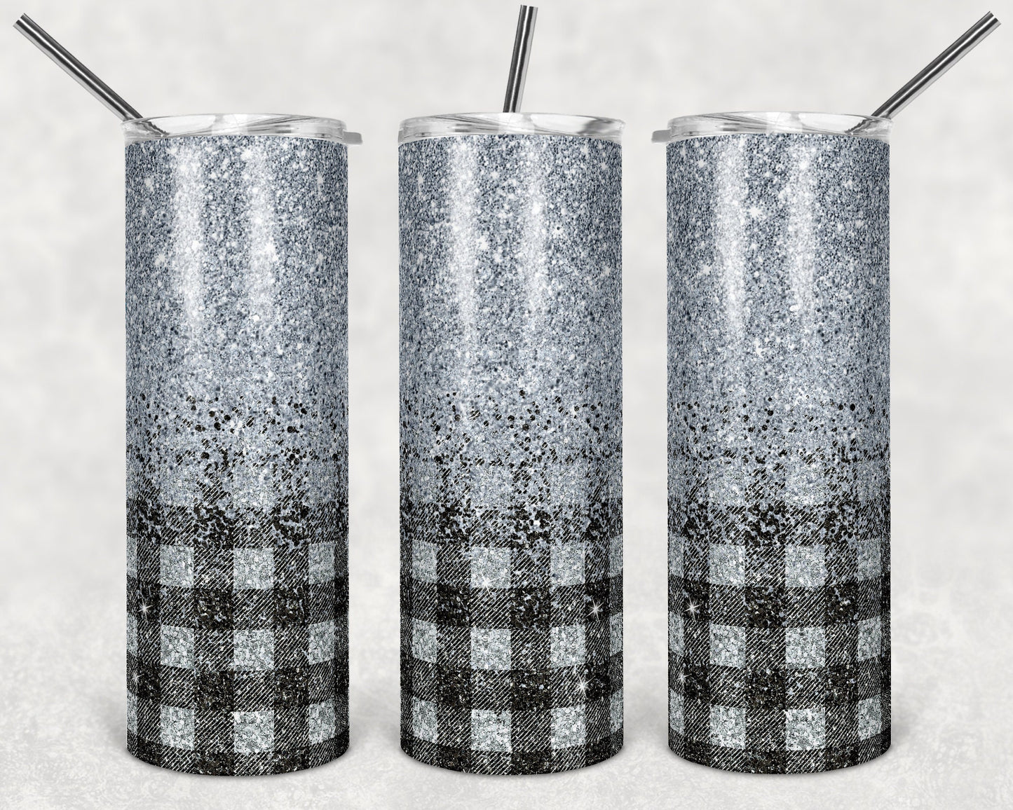 20 oz Skinny Tumbler Sublimation Design Template Glitter Ombre Plaid and Silver color Straight Design