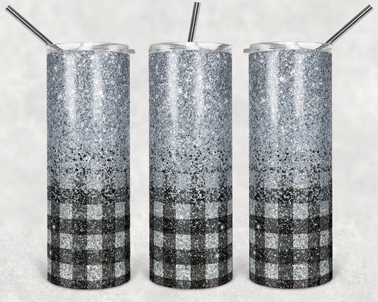 20 oz Skinny Tumbler Sublimation Design Template Glitter Ombre Plaid and Silver color Straight Design