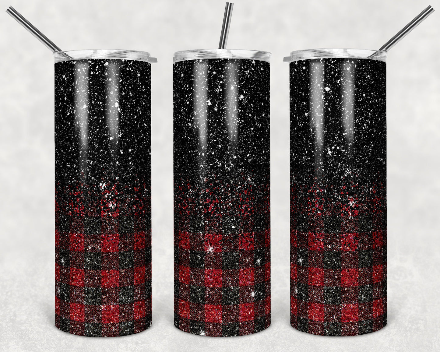 20 oz Skinny Tumbler Sublimation Design Template Glitter Ombre Plaid Red Black color Straight Design