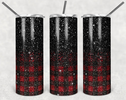 20 oz Skinny Tumbler Sublimation Design Template Glitter Ombre Plaid Red Black color Straight Design