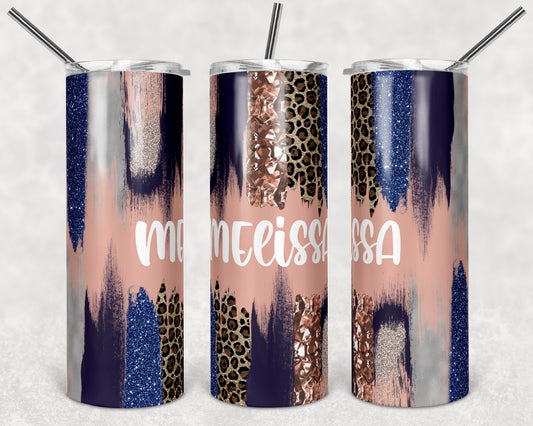 20 oz Skinny Tumbler Sublimation Design Template Glitter Brush Stroke Navy Blush Leopard Design