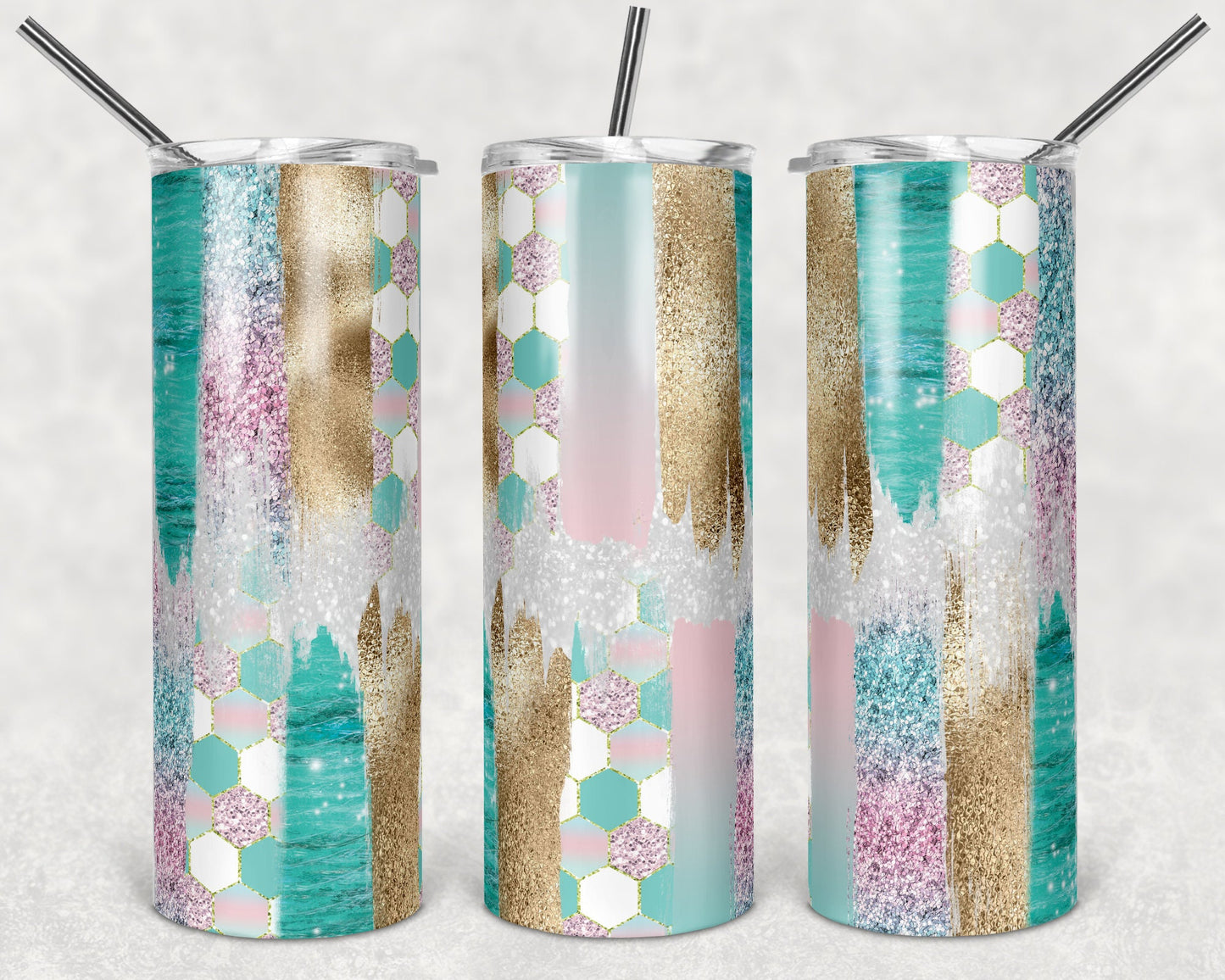 20 oz Skinny Tumbler Sublimation Design Template Glitter Brush Stroke Mermaid Beach Design tumblers