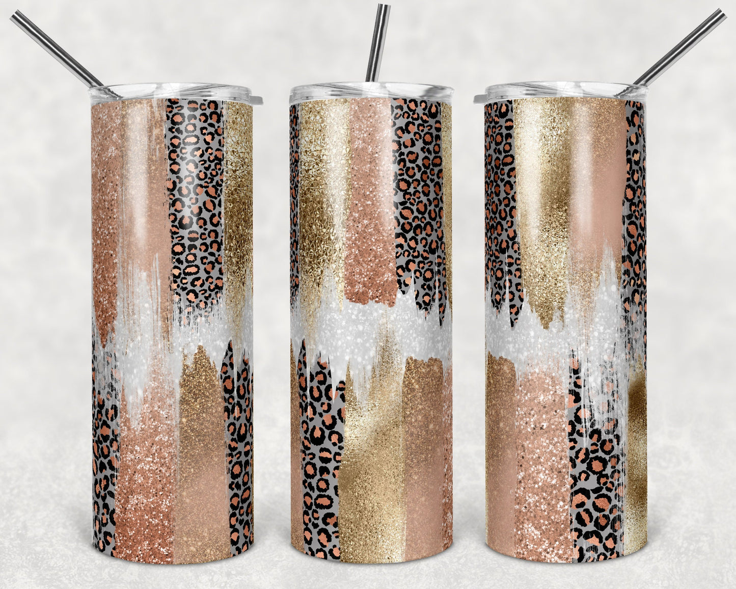 20 oz Skinny Tumbler Sublimation Design Template Glitter Brush Stroke Rose Gold Leopard Design