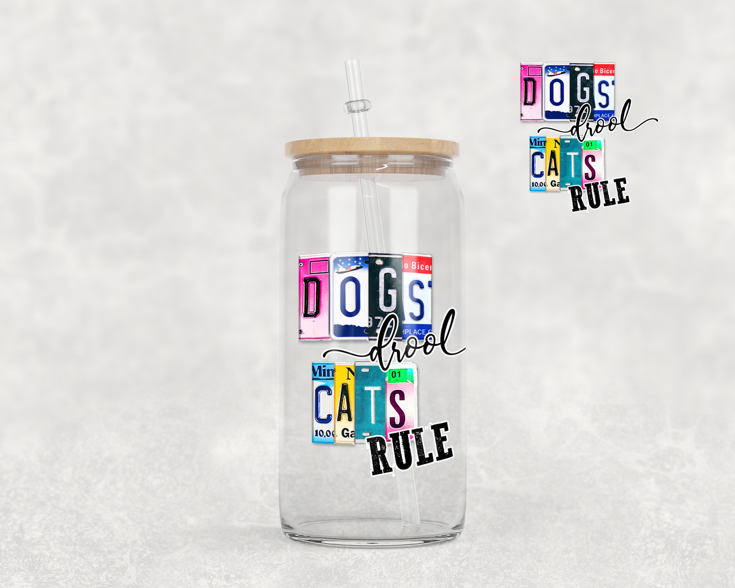 16 oz Libbey Glass Can Tumbler Sublimation Design License Plate Dogs Drool Cats Rule on Shirt mug