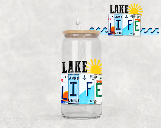 16 oz Libbey Glass Can Tumbler Sublimation Design License Plate Lake Life on Shirt mug