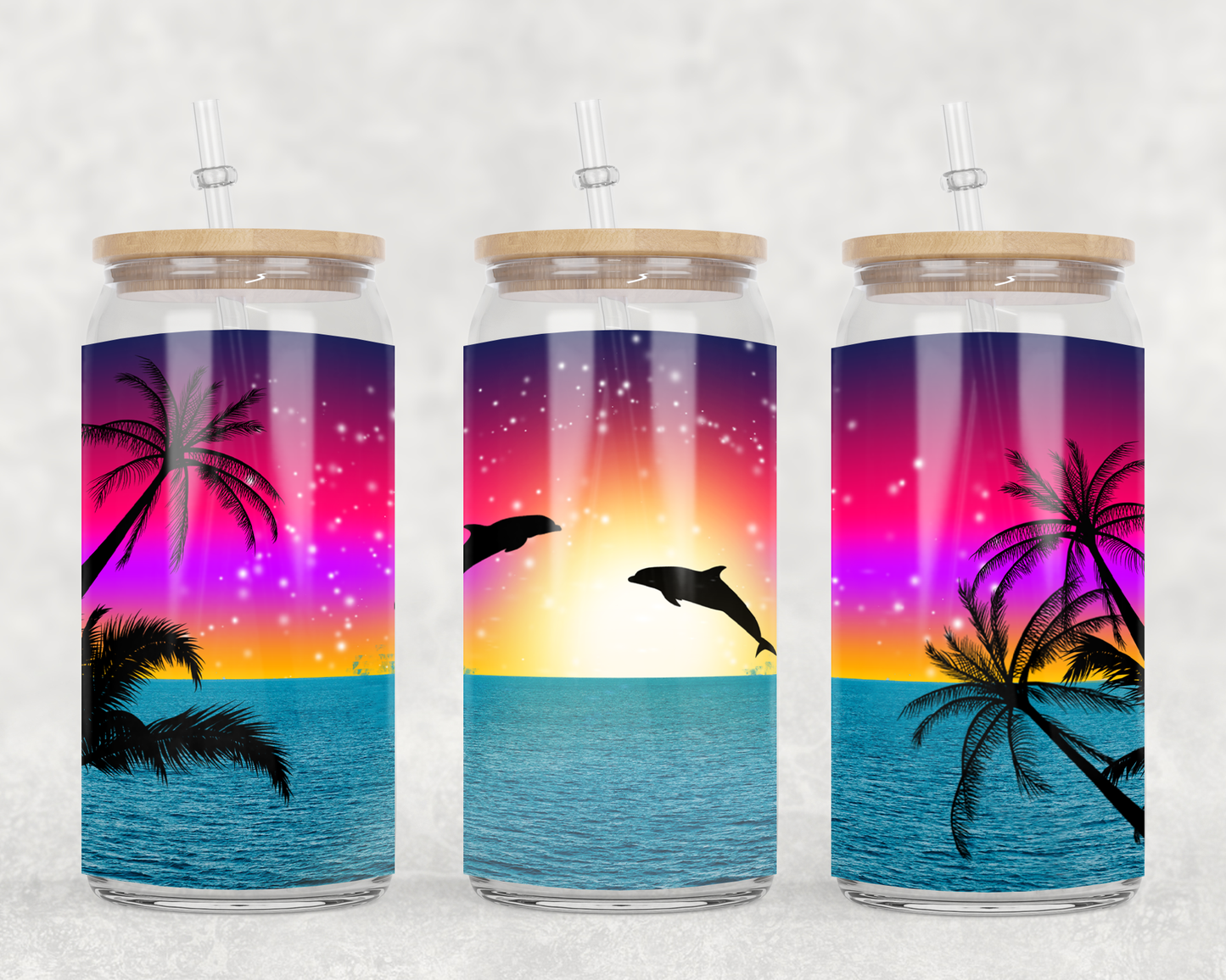 16 oz Libbey Glass Can Tumbler Sublimation Design Dolphin Ocean Sunset Jumping Dolphin Tropical