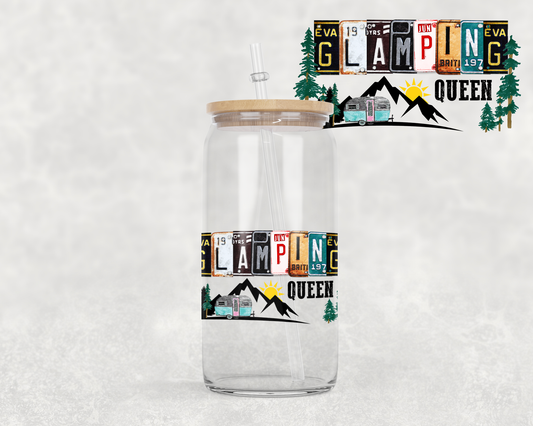 16 oz Libbey Glass Can Tumbler Sublimation Design License Plate Glamping Queen on Shirt mug