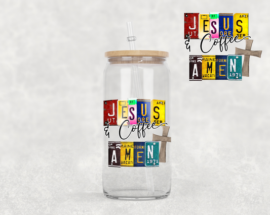 16 oz Libbey Glass Can Tumbler Sublimation Design License Plate Jesus and Coffee Amen on Shirt mug