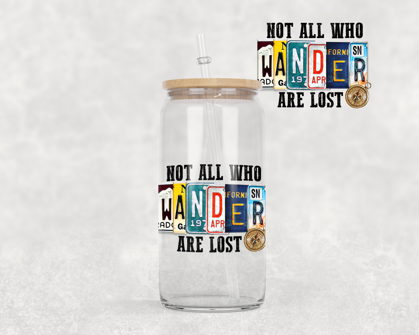 16 oz Libbey Glass Can Tumbler Sublimation Design License Plate Not all who wander are lost mock