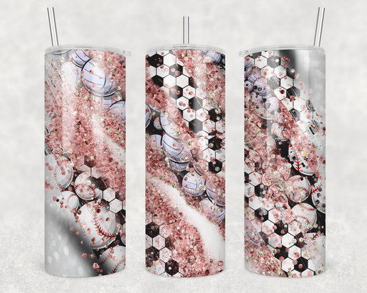 Physical Tumbler 20 oz Skinny Tumbler Soccer Rose Gold Glitter Tumbler