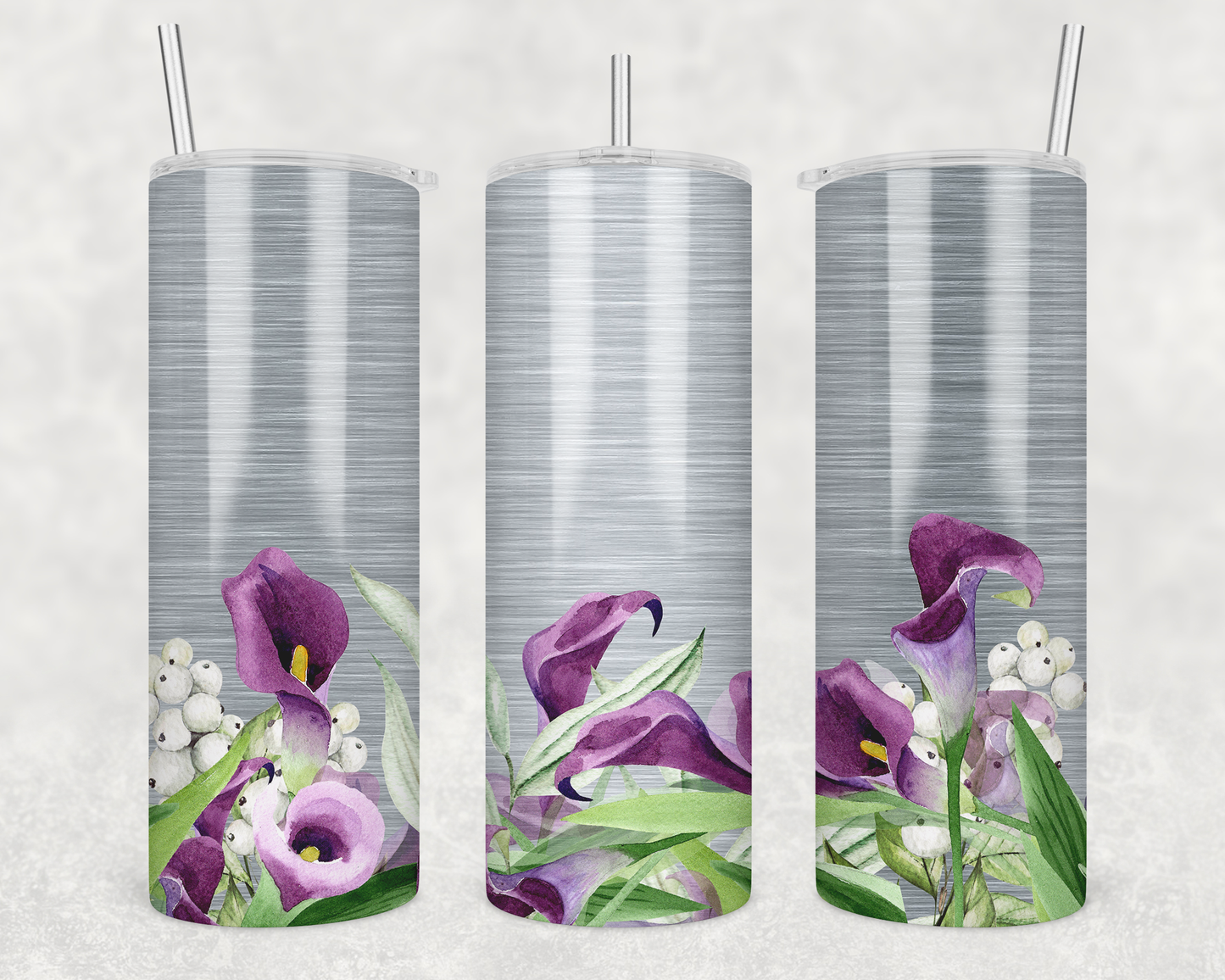 20 oz Skinny Tumbler Brushed Metal and Calla Lily Floral Sublimation Design